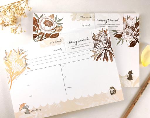 Rabbit, Hedgehog & King Protea - Copper Foil Weekly Desk Planner | Botanical Collection - https://hitpay-production.s3.ap-southeast-1.amazonaws.com/products/9df6eacf235a4f2583e53478c234fd83.jpeg