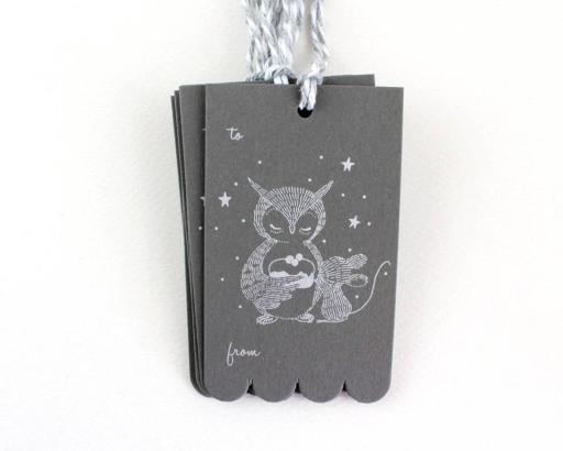 Owl, Mouse & Sweet Cake – Silver White Ink on Sombre Grey Card Gift Tags - https://hitpay-production.s3.ap-southeast-1.amazonaws.com/products/9dfb48703c314e8ab741c2a01f716544.jpeg