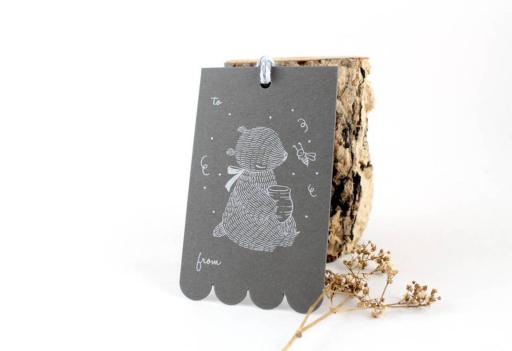 Bear & Honeypot – Silver White Ink on Sombre Grey Card Gift Tags - image 3