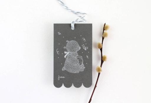 Bear & Honeypot – Silver White Ink on Sombre Grey Card Gift Tags - image 1