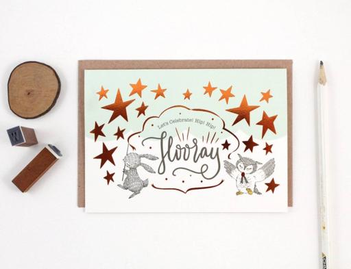 Let's Celebrate, Hip Hip Hooray - Copper Foil Greeting Card - https://hitpay-production.s3.ap-southeast-1.amazonaws.com/products/9dfba3ce8c5b4480a0fd86cd72251a28.jpeg