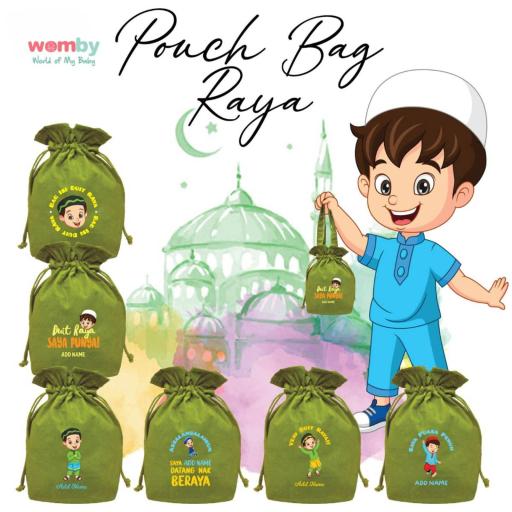Bag Duit Raya Kain Canvas Tema Hijau - Pouch Bag Raya Canvas Dengan Tali Pengikat - image 1