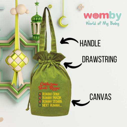 Bag Duit Raya Kain Canvas Tema Hijau - Pouch Bag Raya Canvas Dengan Tali Pengikat - image 3