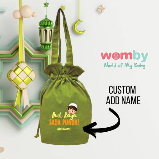Bag Duit Raya Kain Canvas Tema Hijau - Pouch Bag Raya Canvas Dengan Tali Pengikat - image 2