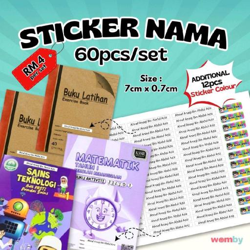 STICKER NAMA MURAH 60 PCS WHITE STICKER BONUS 12PCS STICKER COLOUR MURAH DAN PANTAS SIAP - image 1