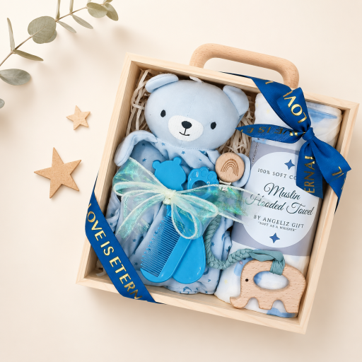 Angeliz Little Bear Snuggle Wooden Baby Hamper Gift Box Blue 8 pcs - image 1