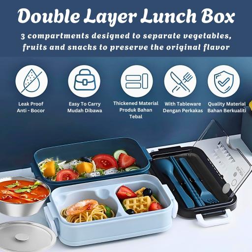 304 Stainless Steel Lunch Box Bekas Makanan Tahan Panas 1.5L Double Layer Bento Set and Bag BPA Free - image 5