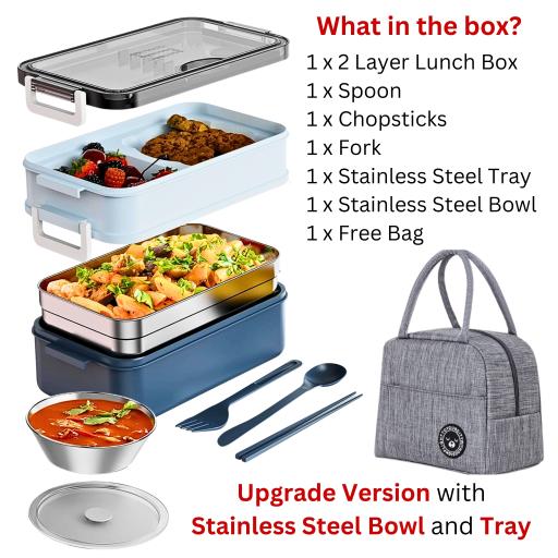304 Stainless Steel Lunch Box Bekas Makanan Tahan Panas 1.5L Double Layer Bento Set and Bag BPA Free - image 3