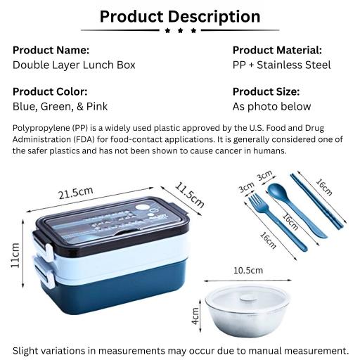304 Stainless Steel Lunch Box Bekas Makanan Tahan Panas 1.5L Double Layer Bento Set and Bag BPA Free - image 9