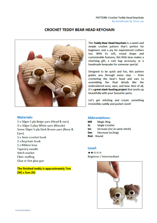 [Pattern] Teddy Bear Head Keychain - image 5